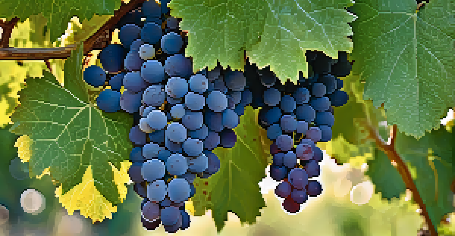A close-up view of diverse grape varieties growing on the vine in a vineyard.