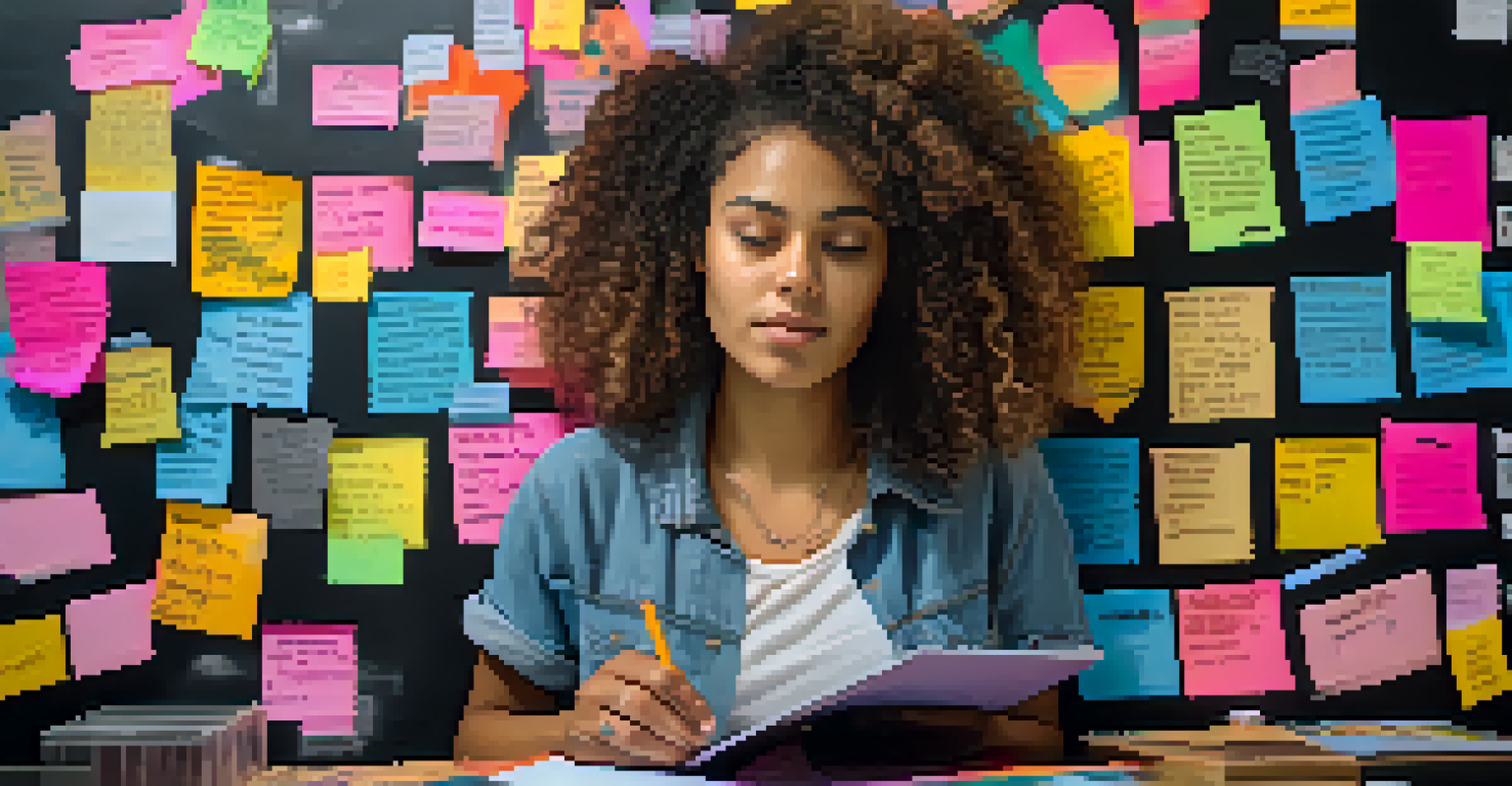 A young woman writing on a chalkboard about social justice, surrounded by colorful sticky notes and photographs.