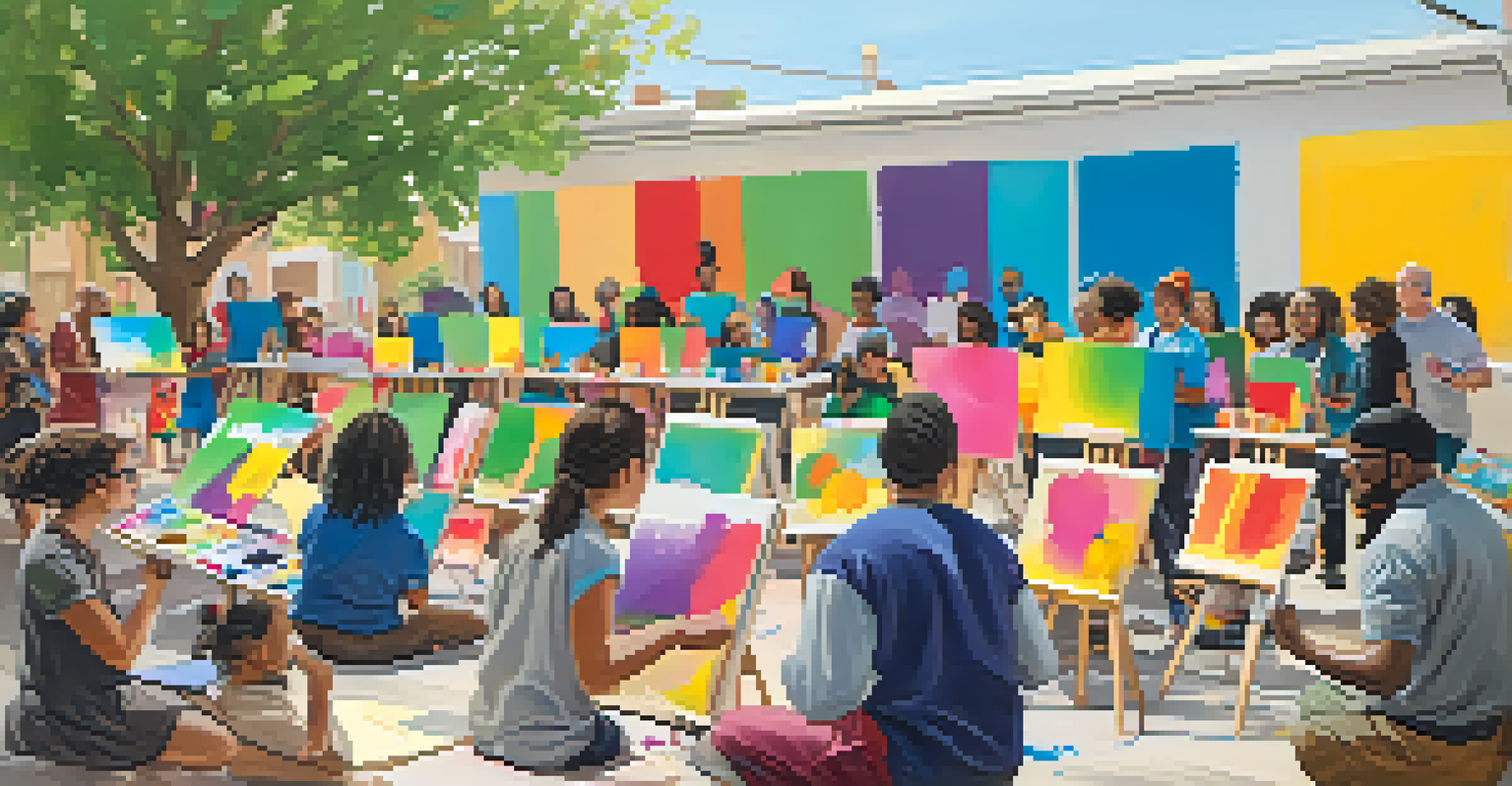 A community art workshop with diverse participants painting together, showing joy and creativity.