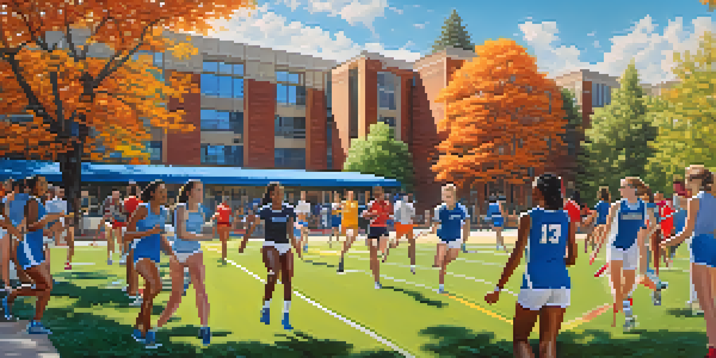 A lively college campus with diverse student-athletes participating in various sports, featuring modern athletic facilities and bright trees under a clear sky.