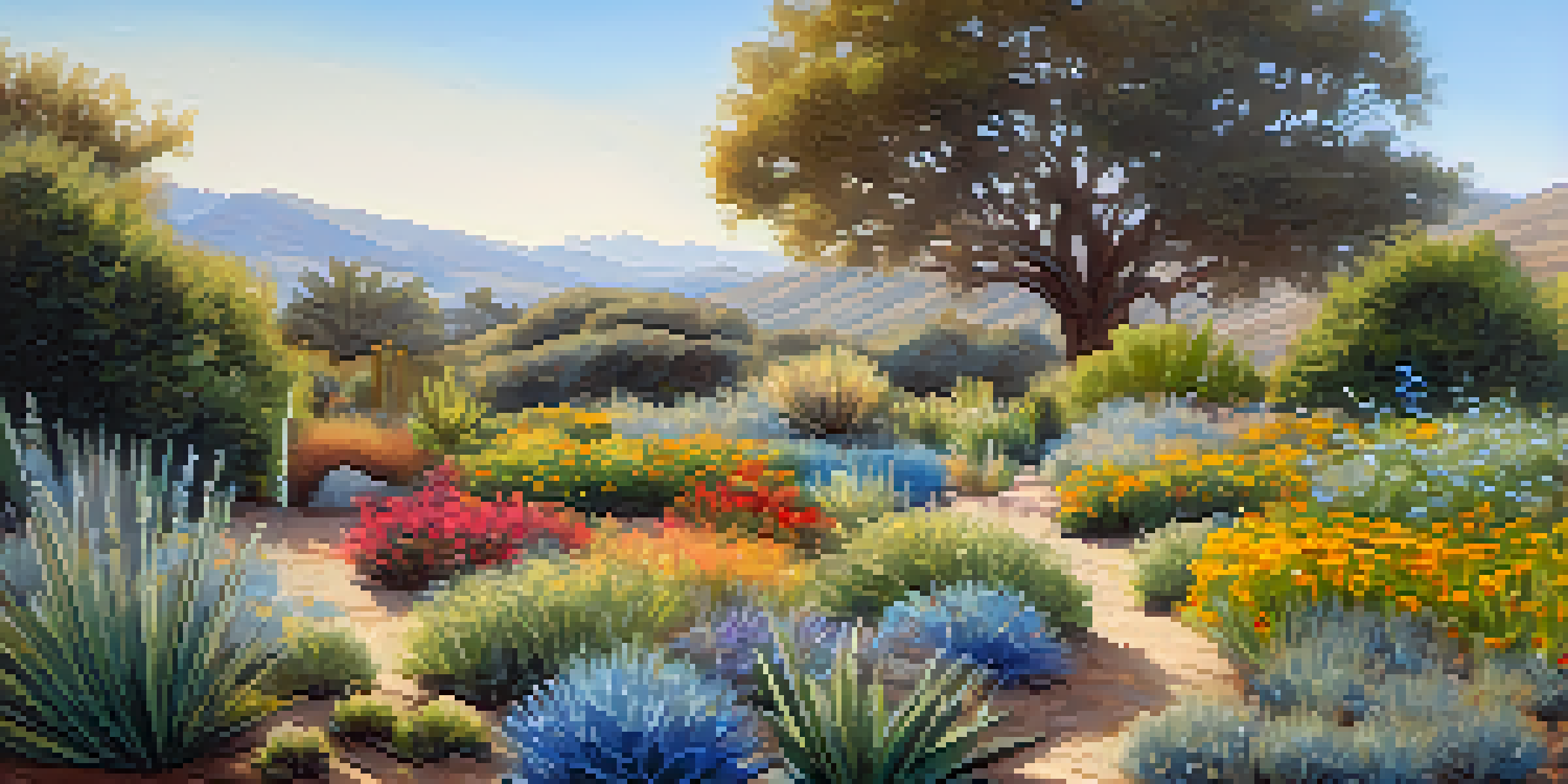 A beautiful California drought-resistant garden with colorful native plants and a rainwater harvesting system, under a clear blue sky.