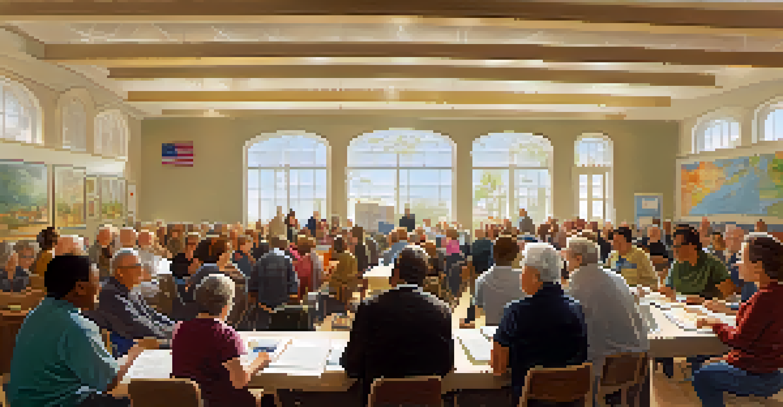 A community meeting with diverse residents discussing zoning laws around tables with maps and charts, in a warmly lit local hall.