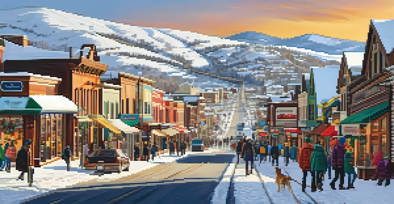A scenic view of Park City during the Sundance Film Festival, with snow-covered streets and festival-goers enjoying the winter atmosphere.