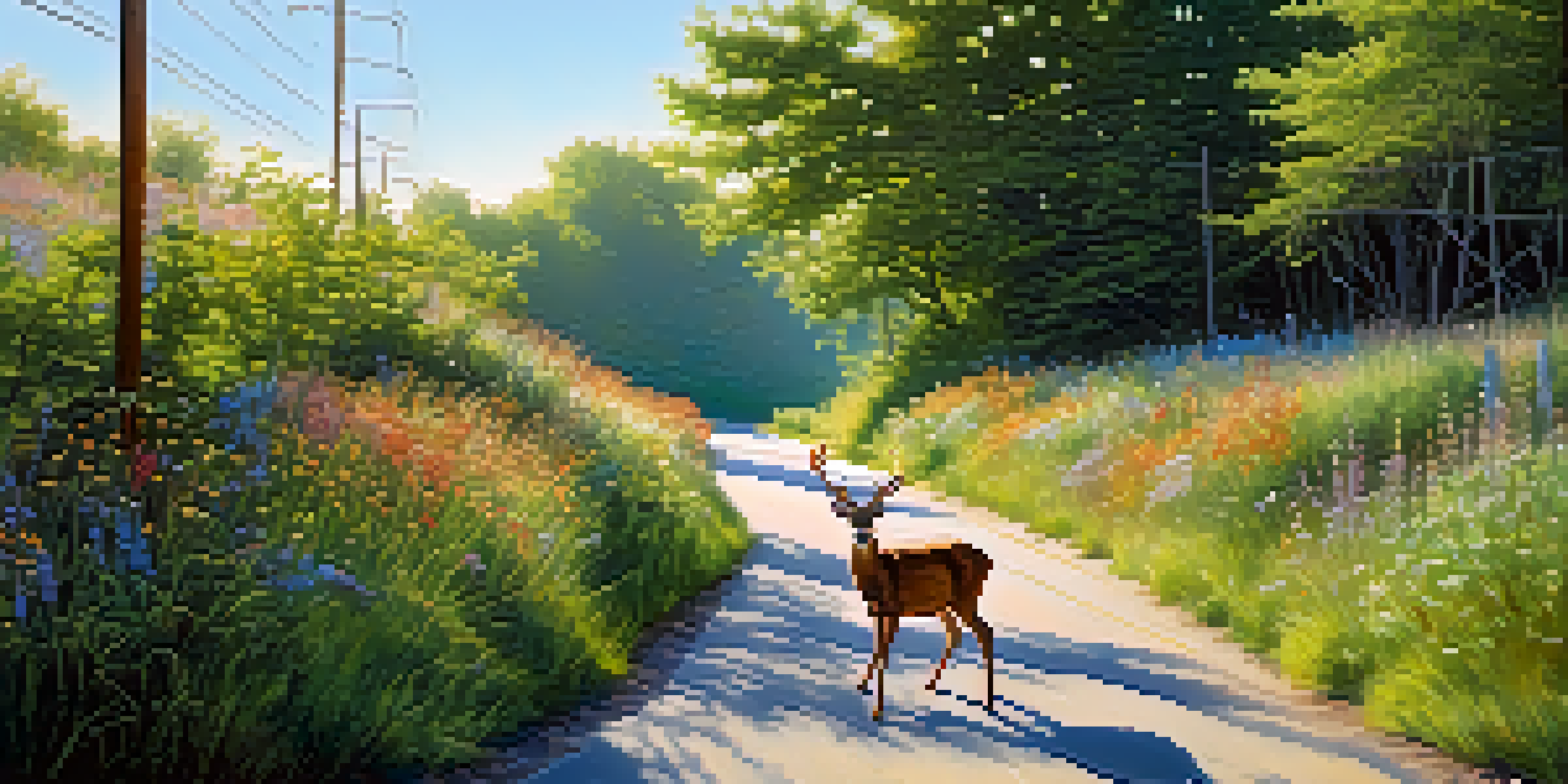 A peaceful wildlife corridor with deer crossing a green overpass above a highway, surrounded by vibrant foliage and wildflowers in soft morning light.