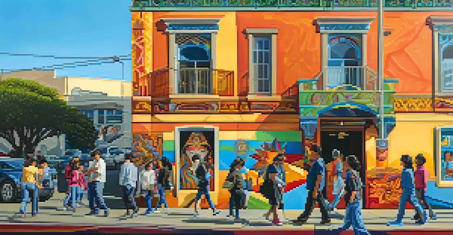 A colorful mural in the Mission District of San Francisco celebrating Latino heritage, with people admiring the artwork at sunset.