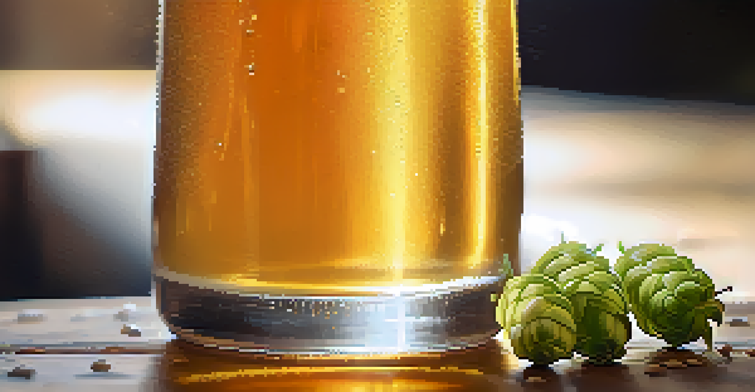 A close-up of a golden IPA in a glass, with fresh hops and barley in the background.