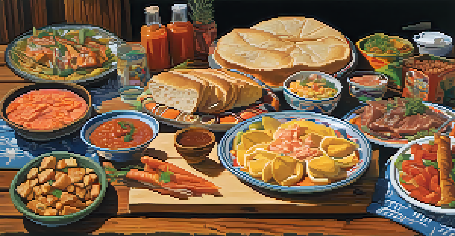 A variety of traditional Native American foods displayed at a powwow, with attendees sharing meals in a festive environment.