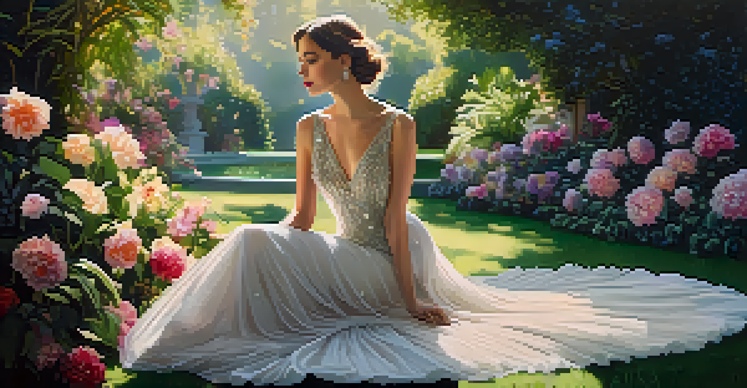 A model in an elegant flowing gown inspired by 1920s Hollywood glamour, surrounded by a lush garden and vibrant flowers.