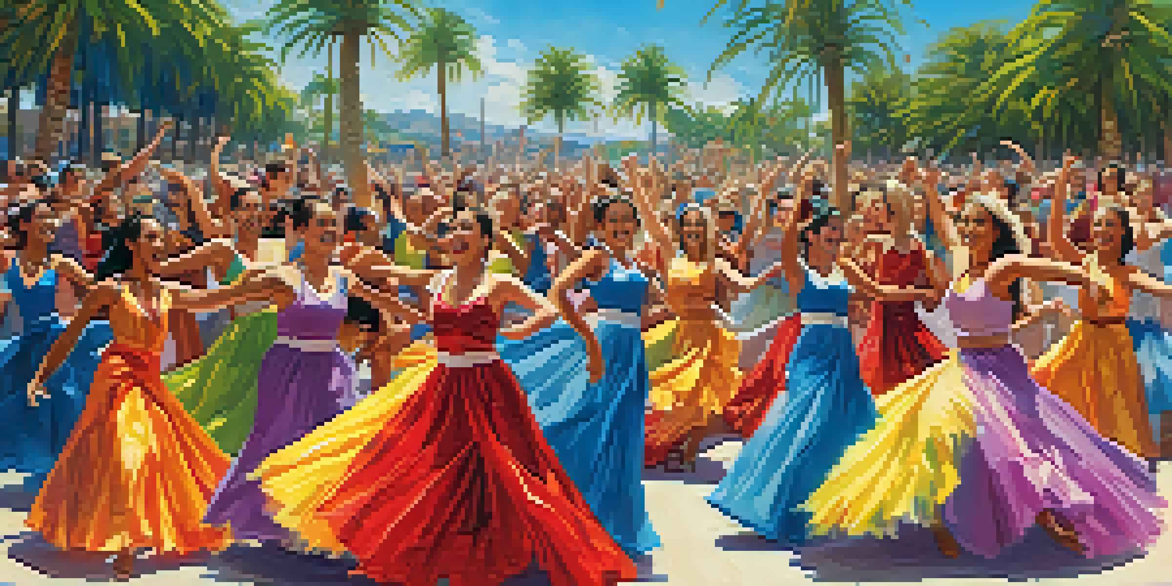A lively outdoor dance festival in California with diverse dancers in colorful costumes performing on stage and an excited audience watching.
