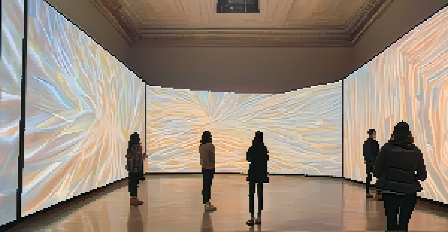 An immersive art installation with shifting light projections in soft colors, creating a dreamlike environment for viewers to experience.