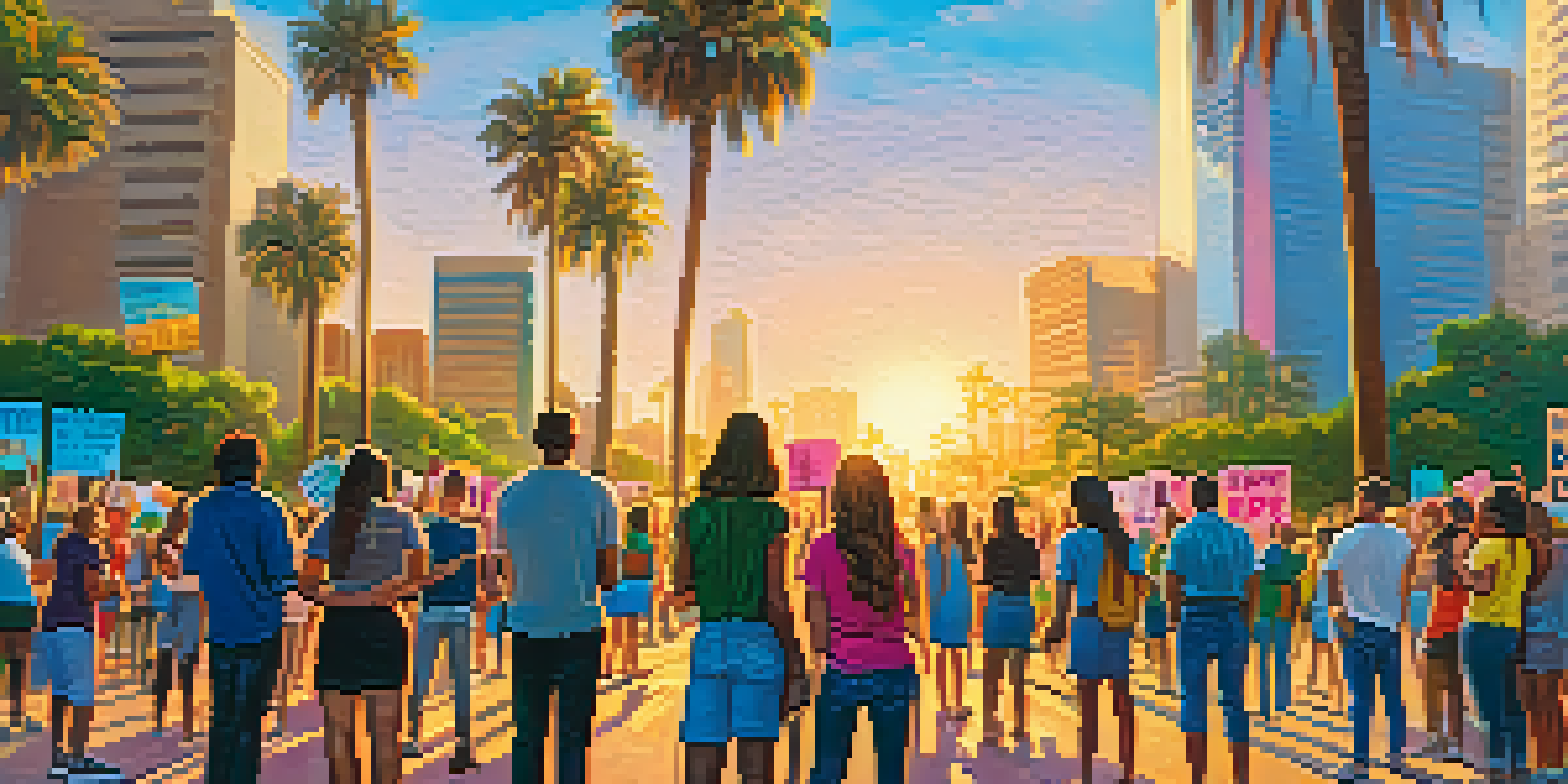 A diverse group of young voters in Los Angeles holding signs for climate change awareness during a community event at sunset.