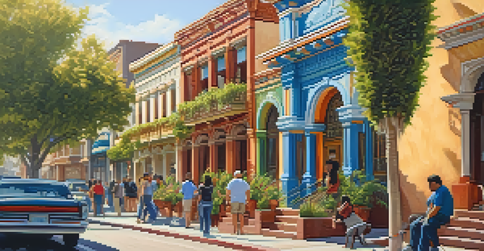 A busy street in California's Mission District featuring colorful architecture, diverse people, and murals.