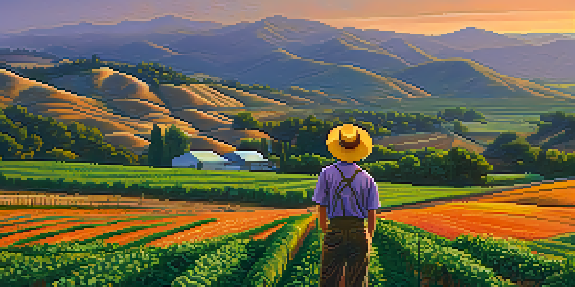 A sunset view of California's agricultural landscape with diverse crops and a farmer inspecting them.