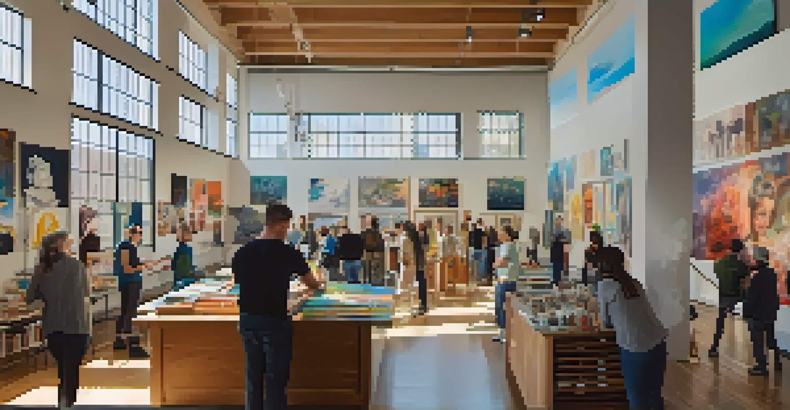 An art collective space in San Francisco with artists creating and artworks displayed, filled with natural light.