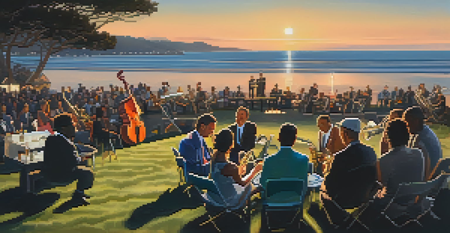 A jazz band performing at the Monterey Jazz Festival with an audience enjoying the music in a cozy coastal setting.