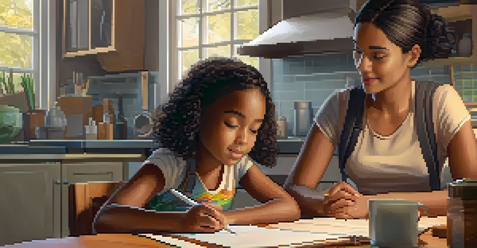 A parent supporting their child at a kitchen table, surrounded by study materials and a test paper.