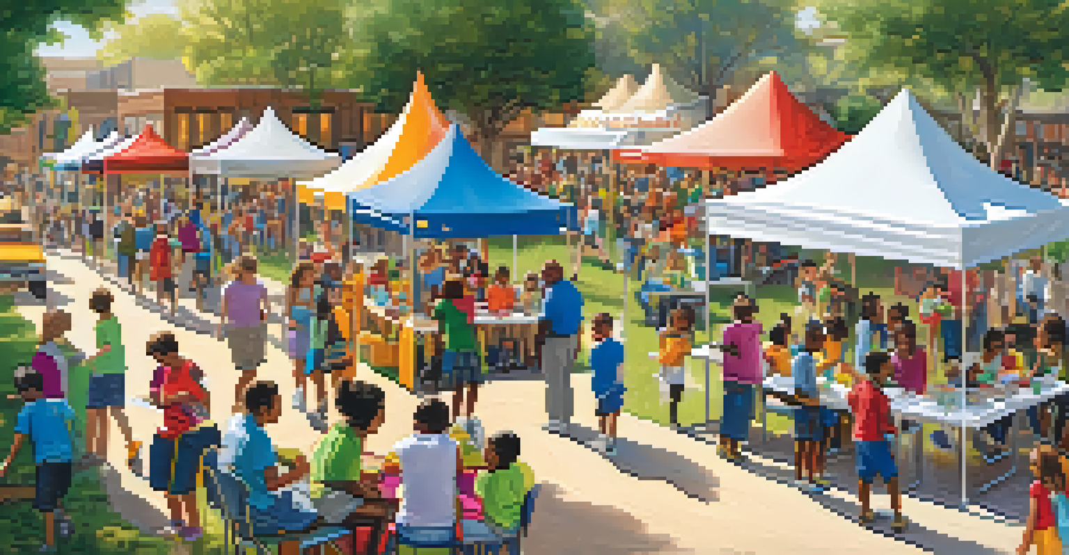 A lively outdoor community event promoting education philanthropy, with families and booths.