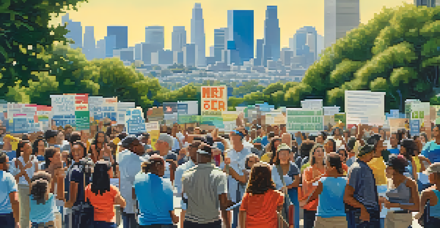 A lively rally in California advocating for environmental justice with diverse participants and a city backdrop.