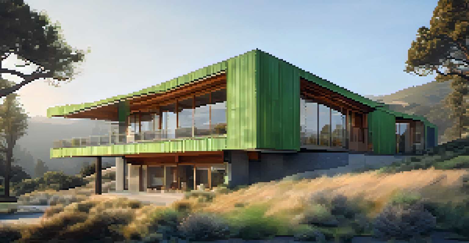 An eco-friendly postmodern building with a green roof and reclaimed materials, set against California hills in soft morning light.