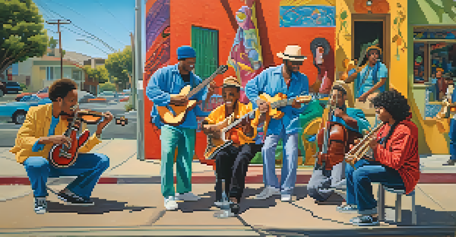 A colorful urban street scene in California with diverse musicians playing on a mural-adorned sidewalk, showcasing cultural fusion.
