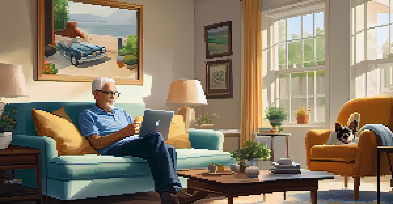An elderly man happily video chatting with family in a cozy living room, with a dog by his side.