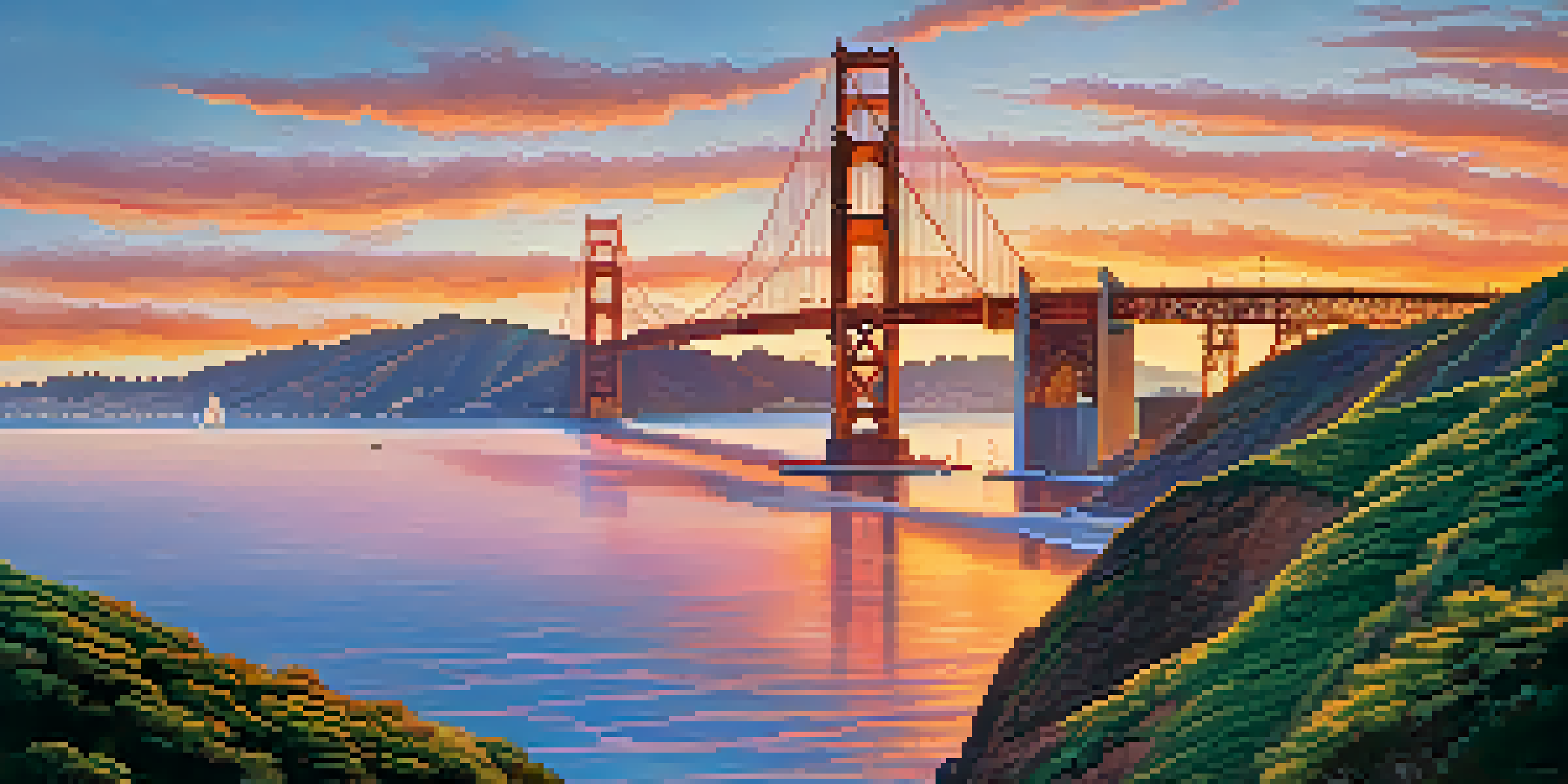 A stunning sunset view of the Golden Gate Bridge over the San Francisco Bay, with colorful sky and lush surroundings.