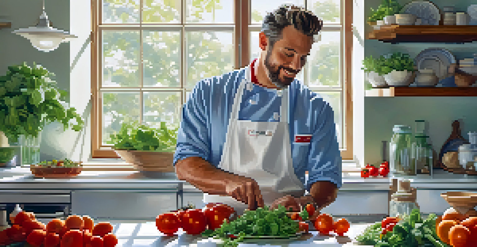 A chef in a modern kitchen, preparing a fresh salad with heirloom tomatoes and greens, bathed in natural light.