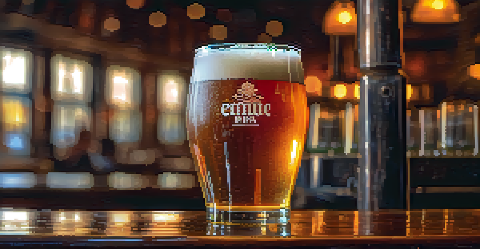 A close-up of a frosty pint of hoppy IPA with a blurred brewery taproom in the background.