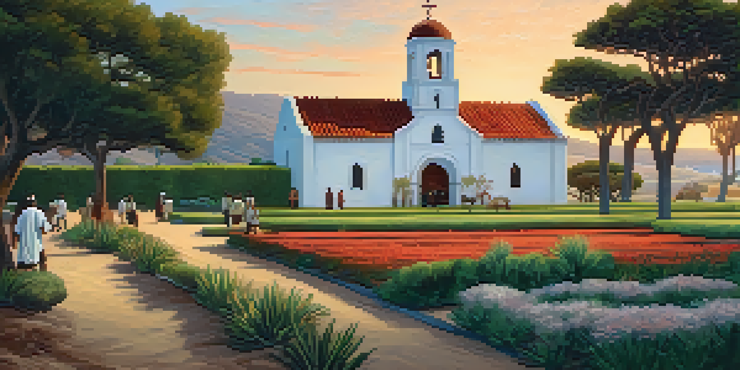 A peaceful view of a California mission with a mission building, gardens, and Indigenous individuals farming, set against a sunset sky.