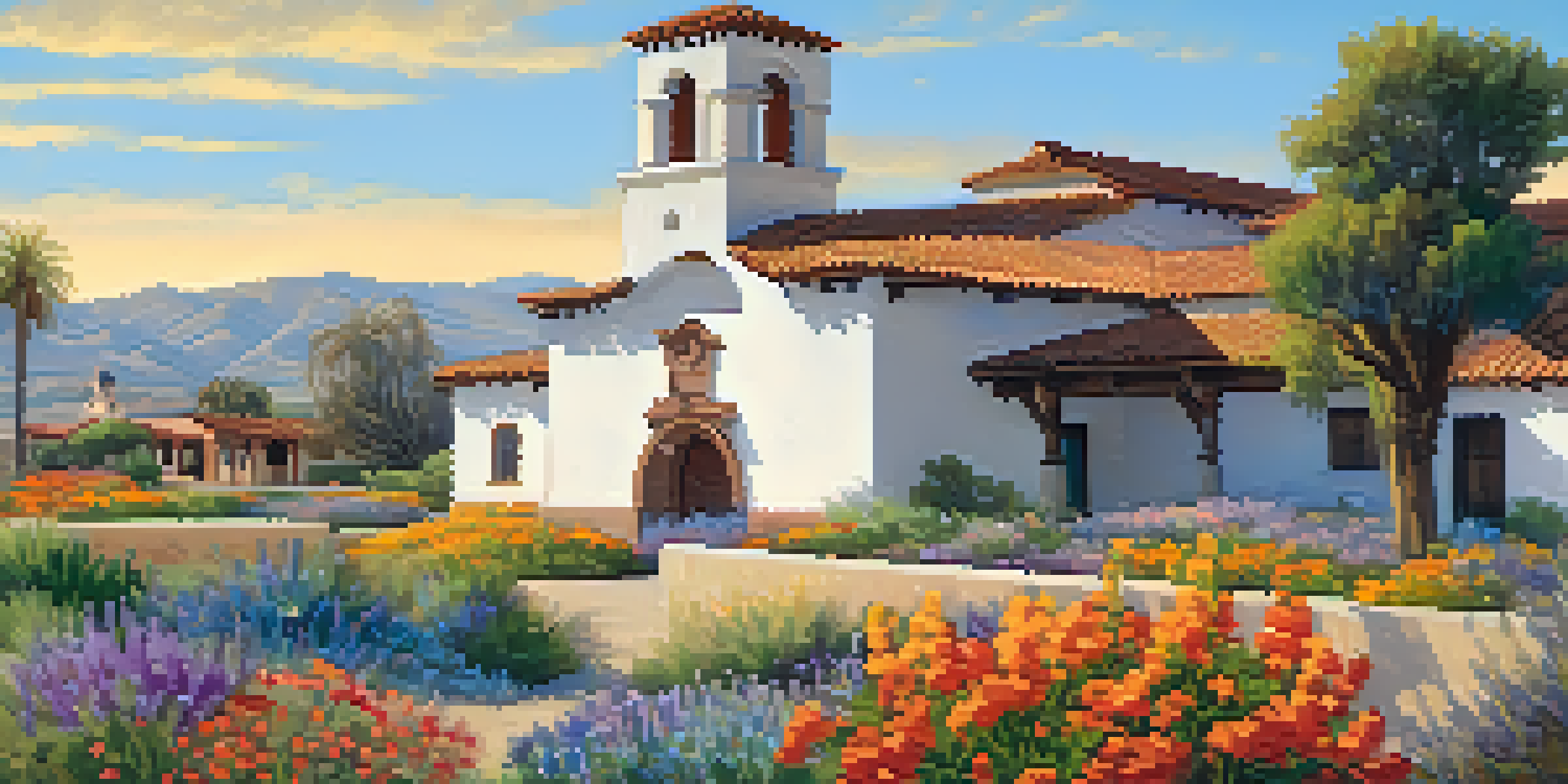 A historic California mission with vibrant wildflowers in front and rolling hills in the background under a clear blue sky.