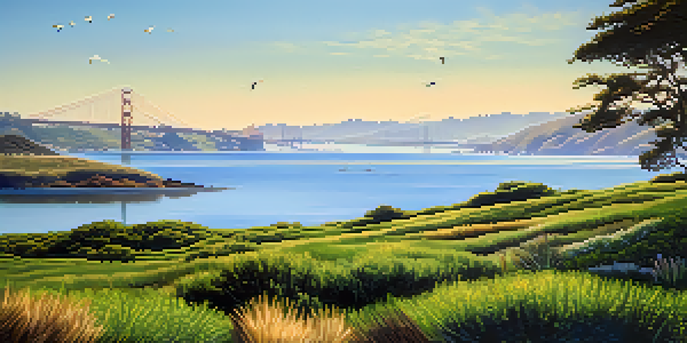 A tranquil landscape of San Francisco Bay featuring wetlands and the Golden Gate Bridge, with wildlife and a clear sky.