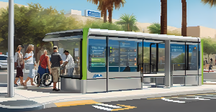 A modern bus stop showcasing accessibility features, including a ramp and braille signage, with diverse individuals waiting, surrounded by palm trees in a sunny California setting.