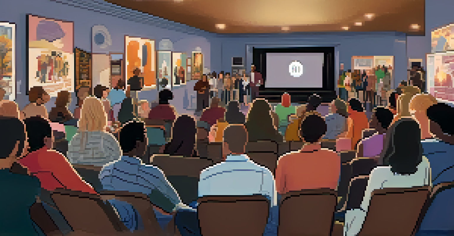 An indoor film festival discussion with filmmakers and audiences engaging, soft lighting, and film posters in the background.