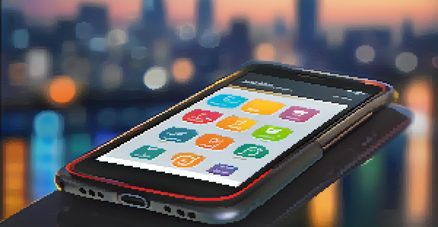 A close-up view of a smartphone showing a gig economy app with icons for ridesharing and freelance work against a city skyline at dusk.