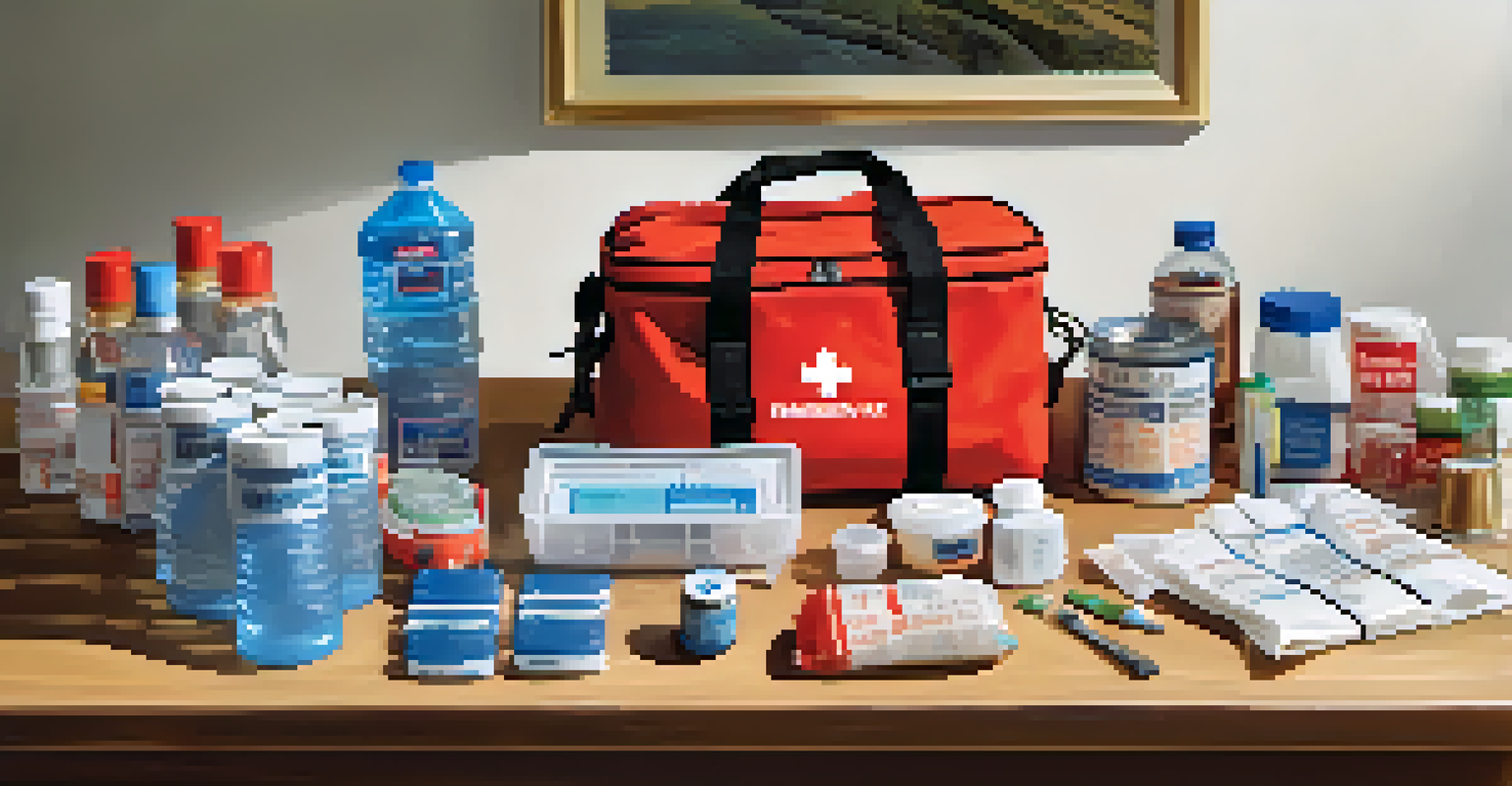 An emergency supply kit on a kitchen table, filled with water, food, a first aid kit, and flashlights, with a checklist in the background.