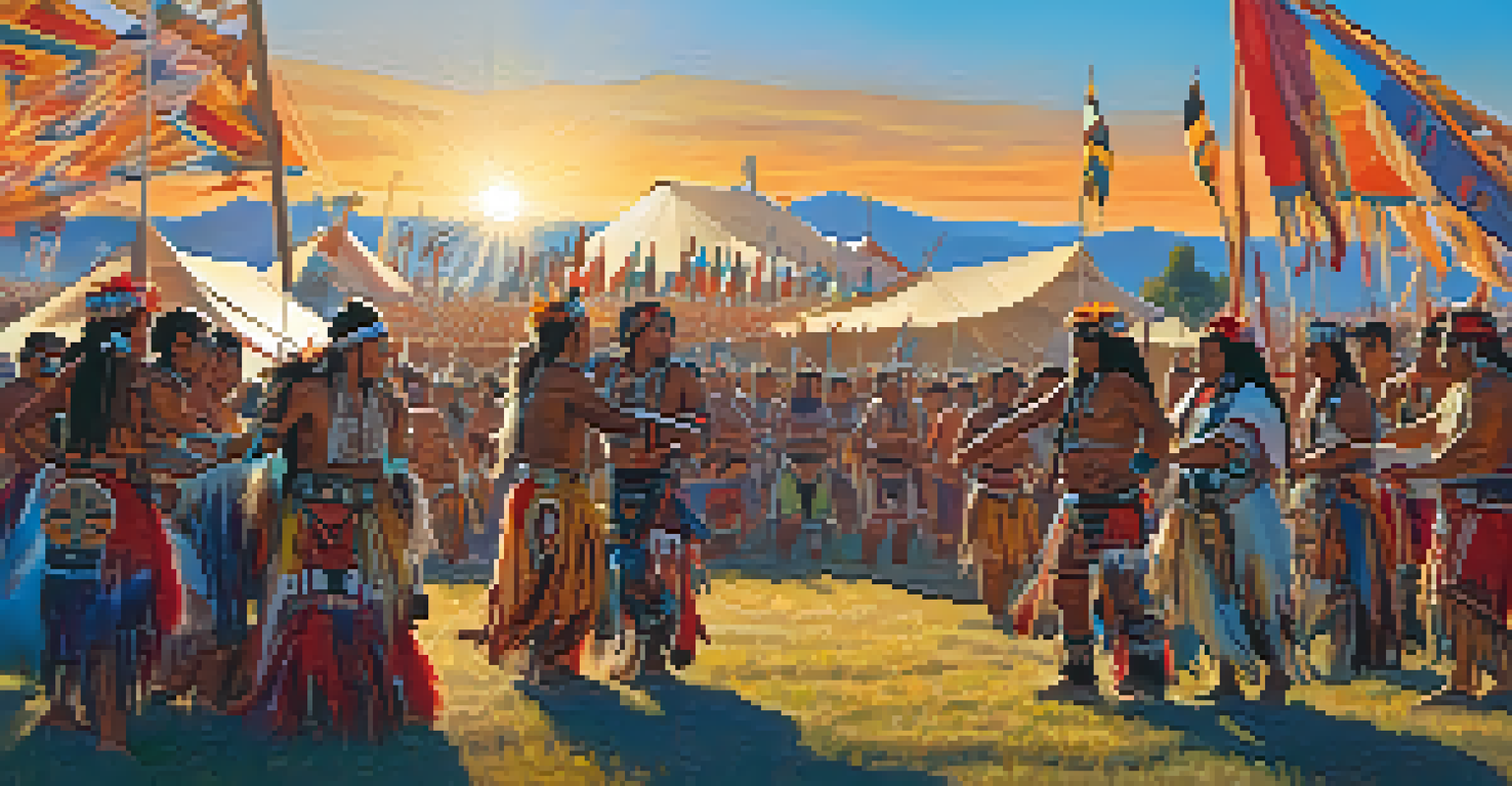 Dancers in colorful regalia perform at a powwow during sunset, with a large crowd and tents in the background.