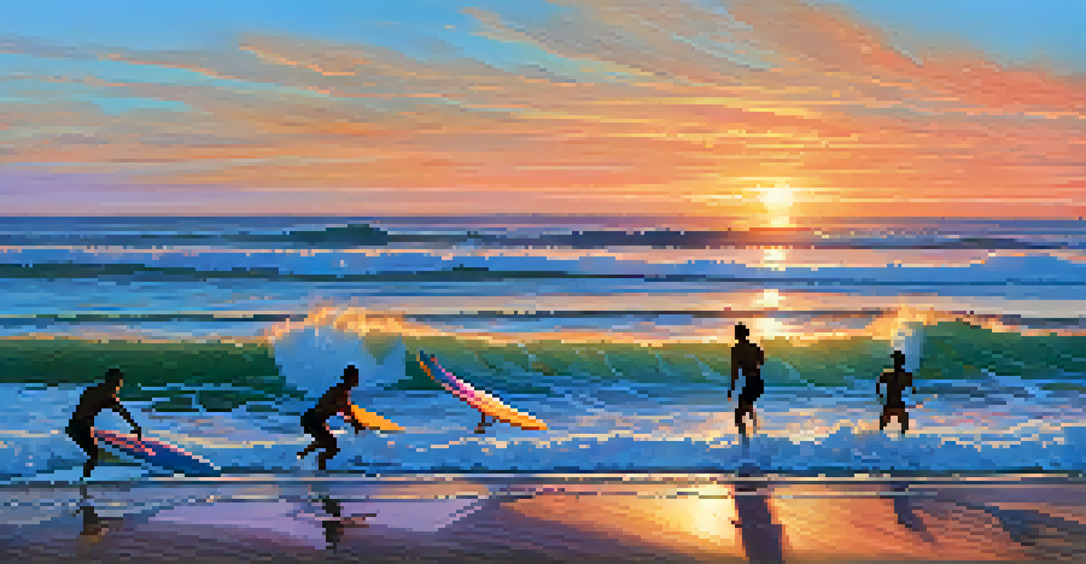 Surfers riding waves at a California beach during sunset, with vibrant colors in the sky and people on the sand.