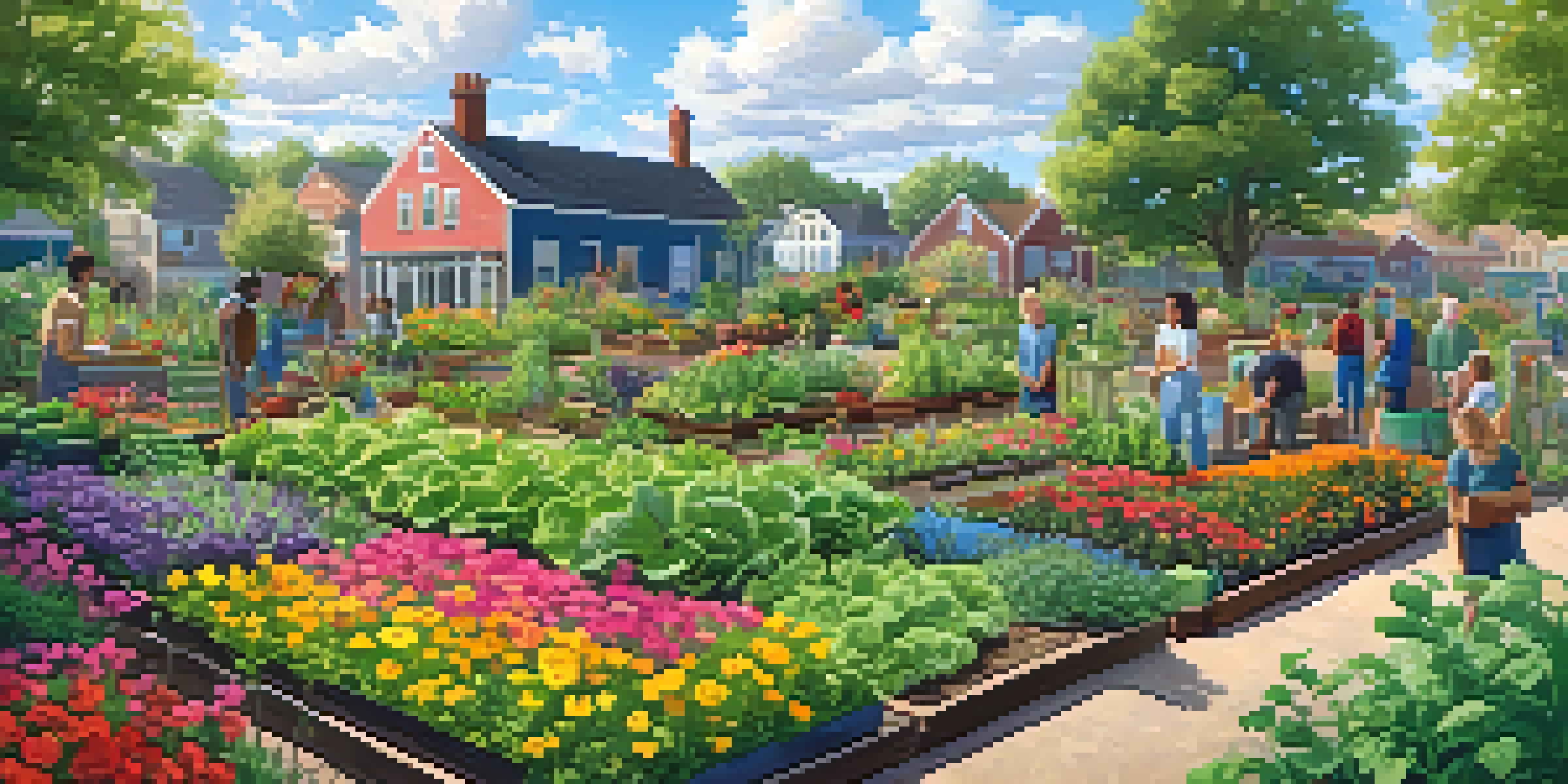 A diverse group of people working together in a colorful community garden, surrounded by blooming flowers and vegetables under a sunny sky.