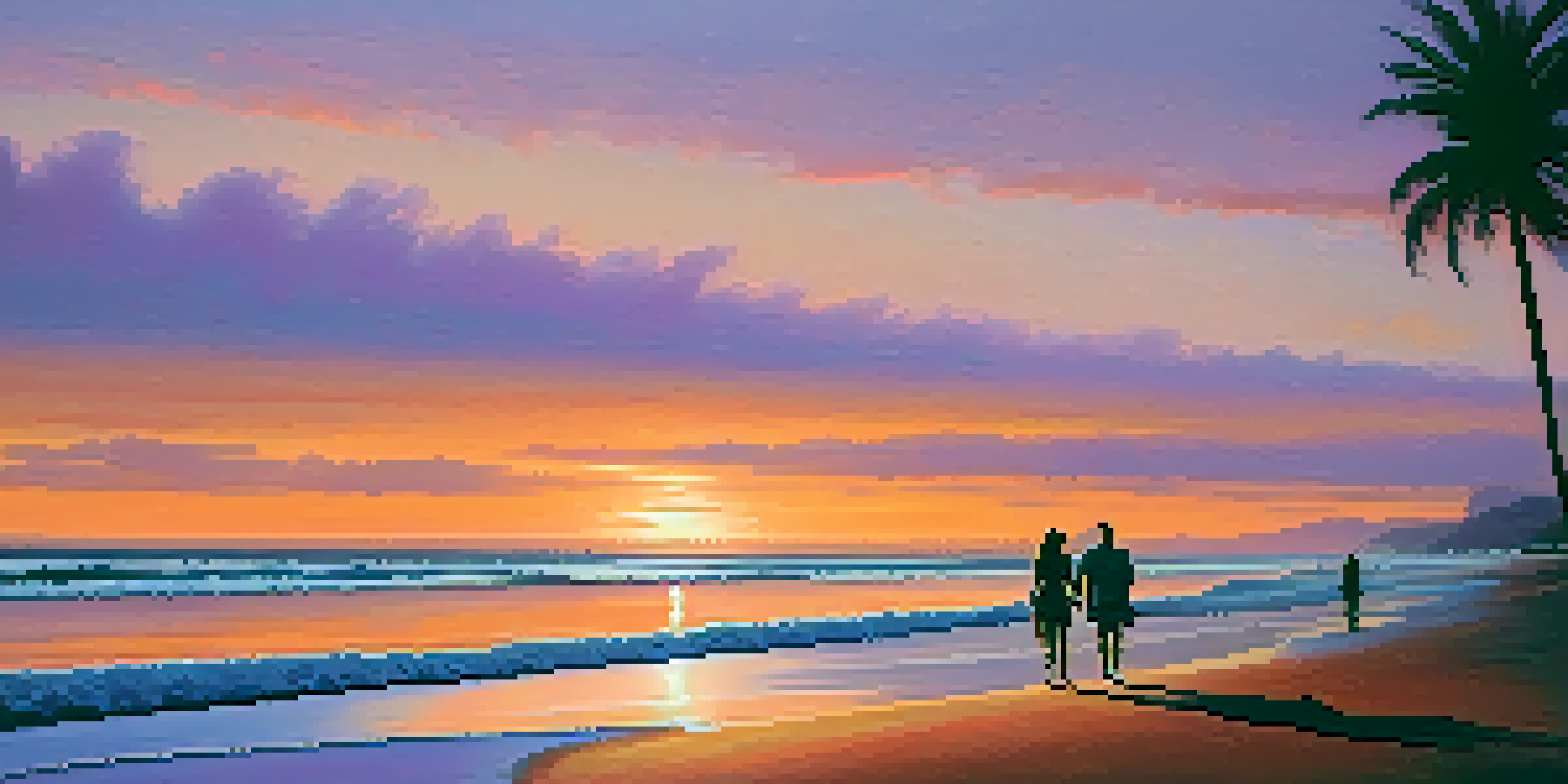 A beautiful California beach at sunset with surfers and a couple walking along the shore.