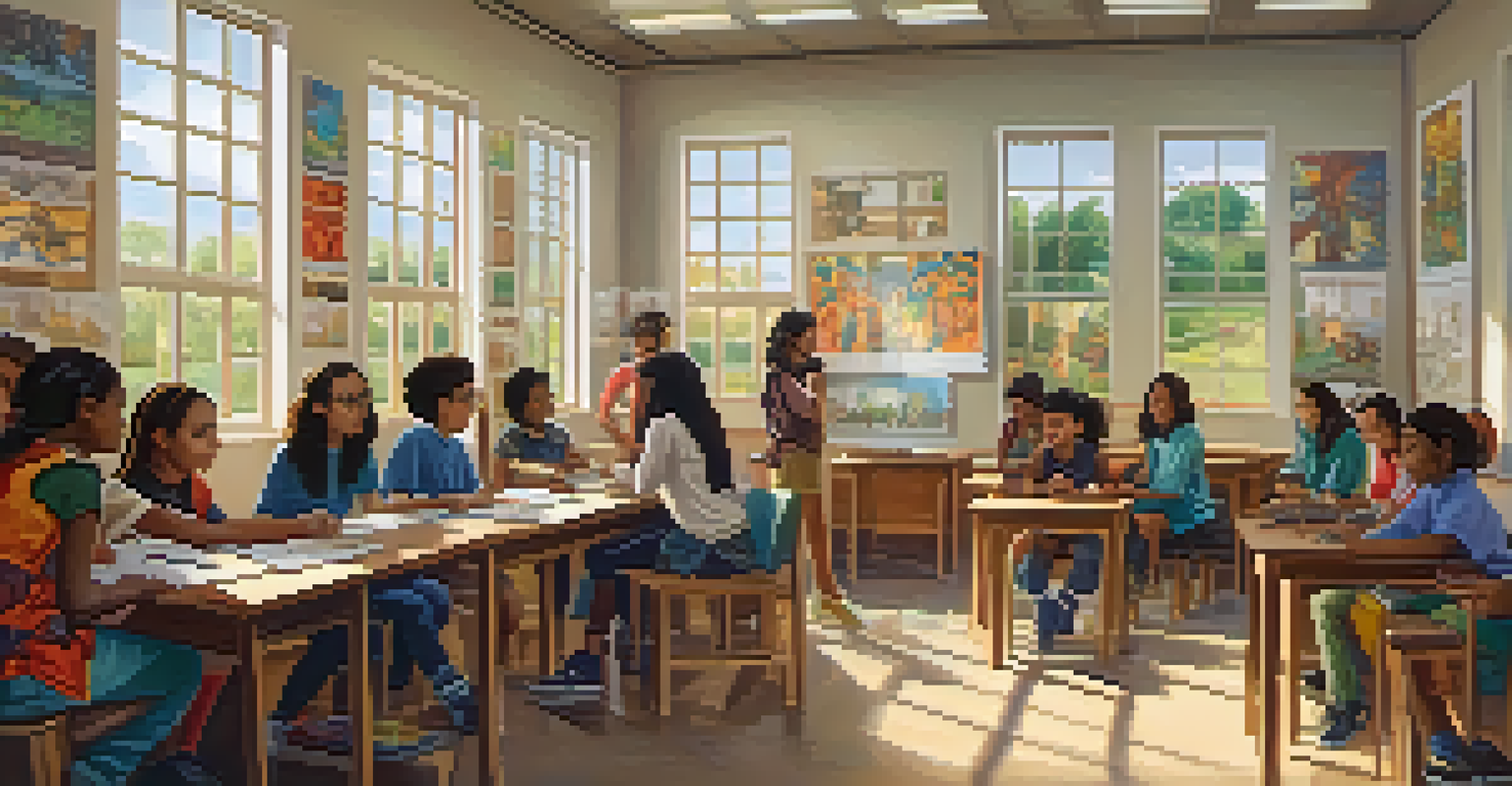 A diverse classroom with students of different backgrounds working together on a project, surrounded by cultural artwork.