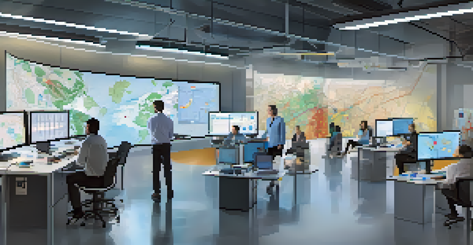 A modern technology lab in Silicon Valley with researchers analyzing health data on computers and discussing disease surveillance.