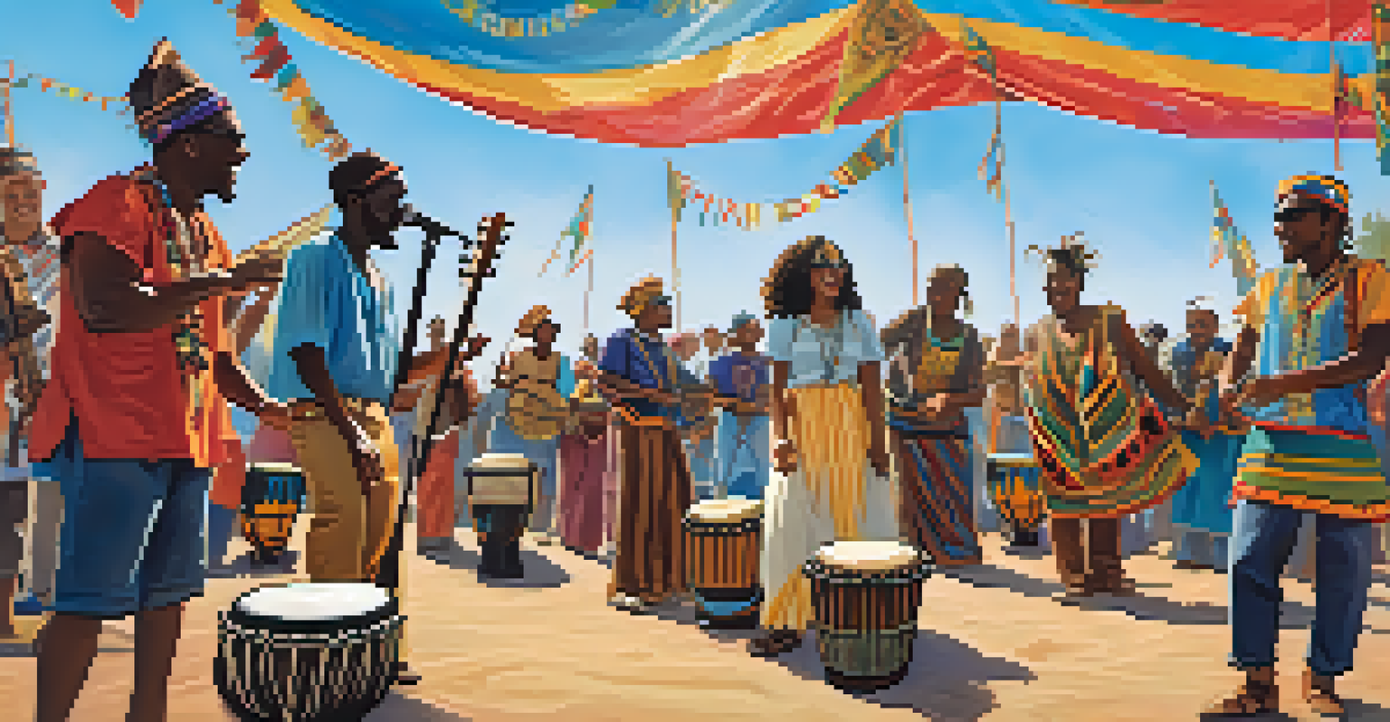 A lively outdoor music festival in California with musicians playing African instruments and an engaged audience dancing.