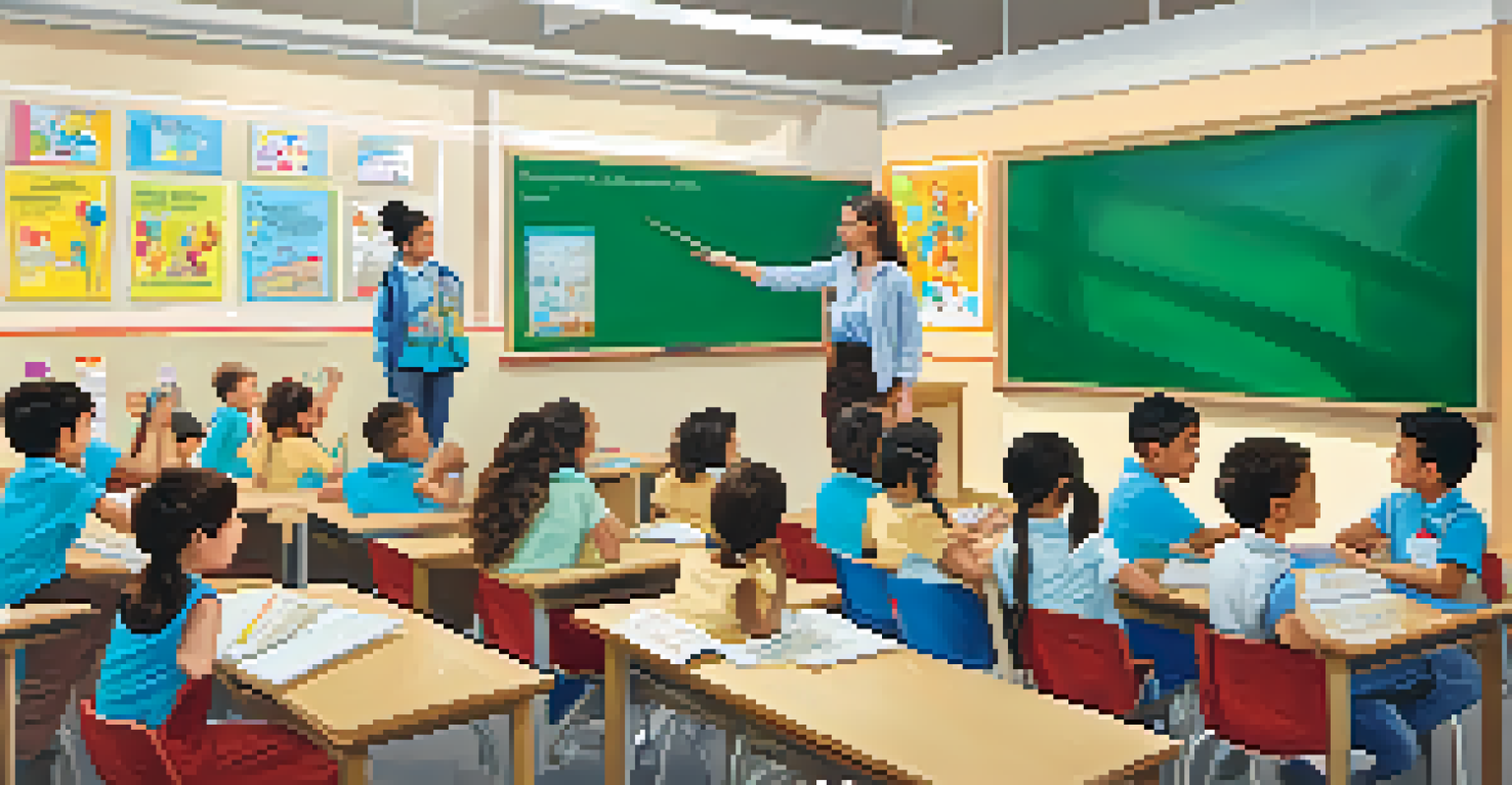 A vibrant classroom where a teacher educates students about emotional well-being, with colorful posters and engaged children.