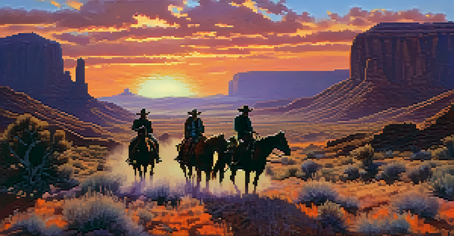 Classic Western film scene with cowboys on horseback against a vibrant sunset backdrop.