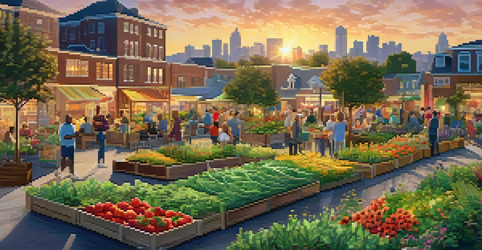 A tranquil community garden at sunset, featuring a harvest festival with people enjoying food and decorations in an urban setting.