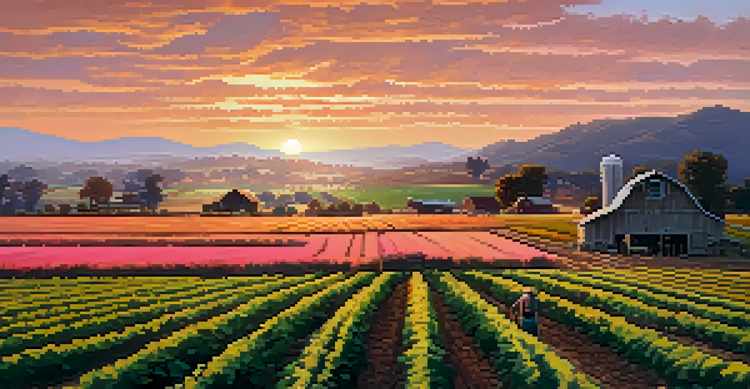 A serene California farm at sunset, with rows of crops and a barn, illuminated by warm colors in the sky.