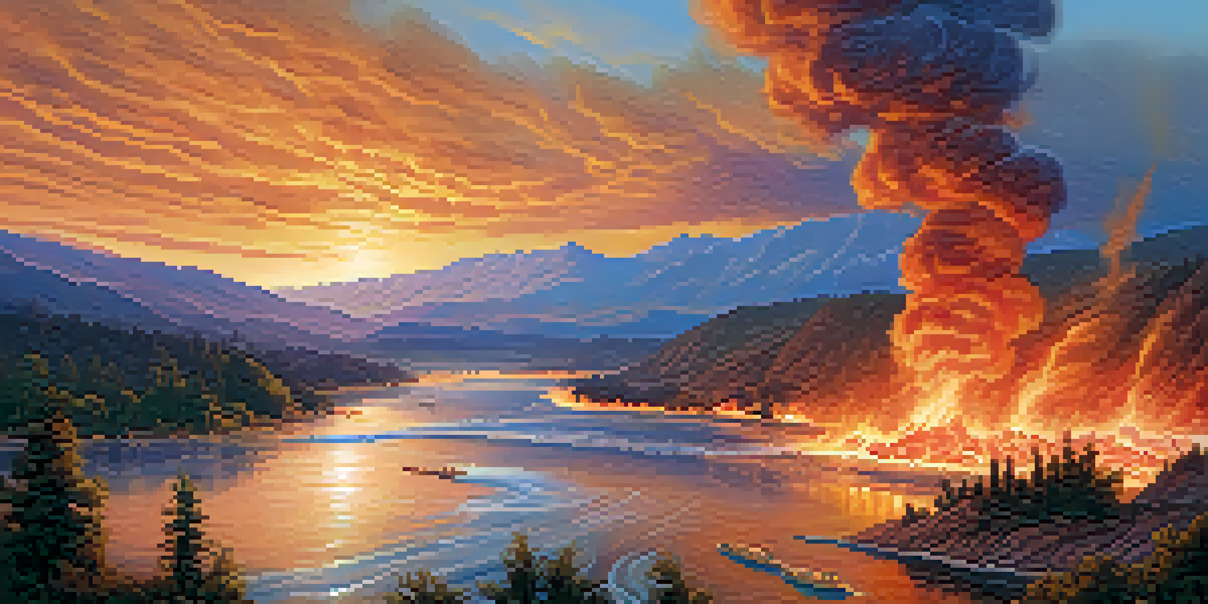 A dramatic landscape illustrating California's natural disasters with firefighters, mountains, and floods under a sunset.