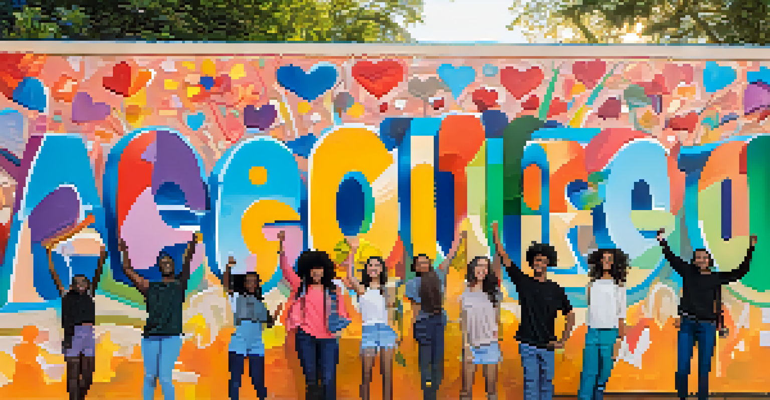 A vibrant mural on a school wall depicting social justice themes, with a diverse group of teens smiling and posing in front of it.