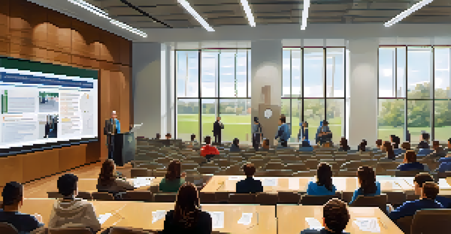 A university lecture hall with students learning about sports law, featuring posters about athlete rights and a speaker at the front.
