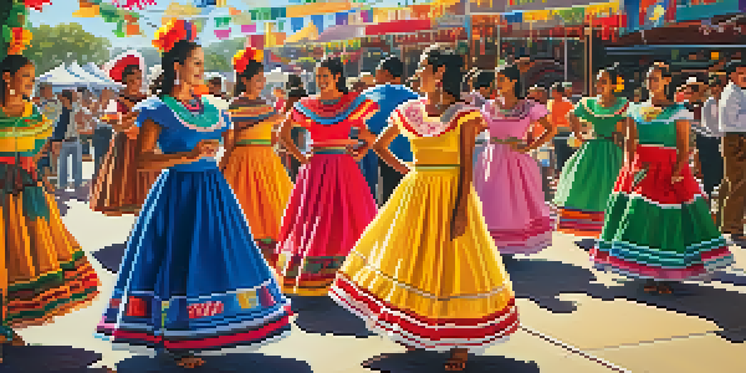 A lively street festival in California with traditional Mexican dancers, colorful decorations, and food stalls, filled with diverse people enjoying the celebration.